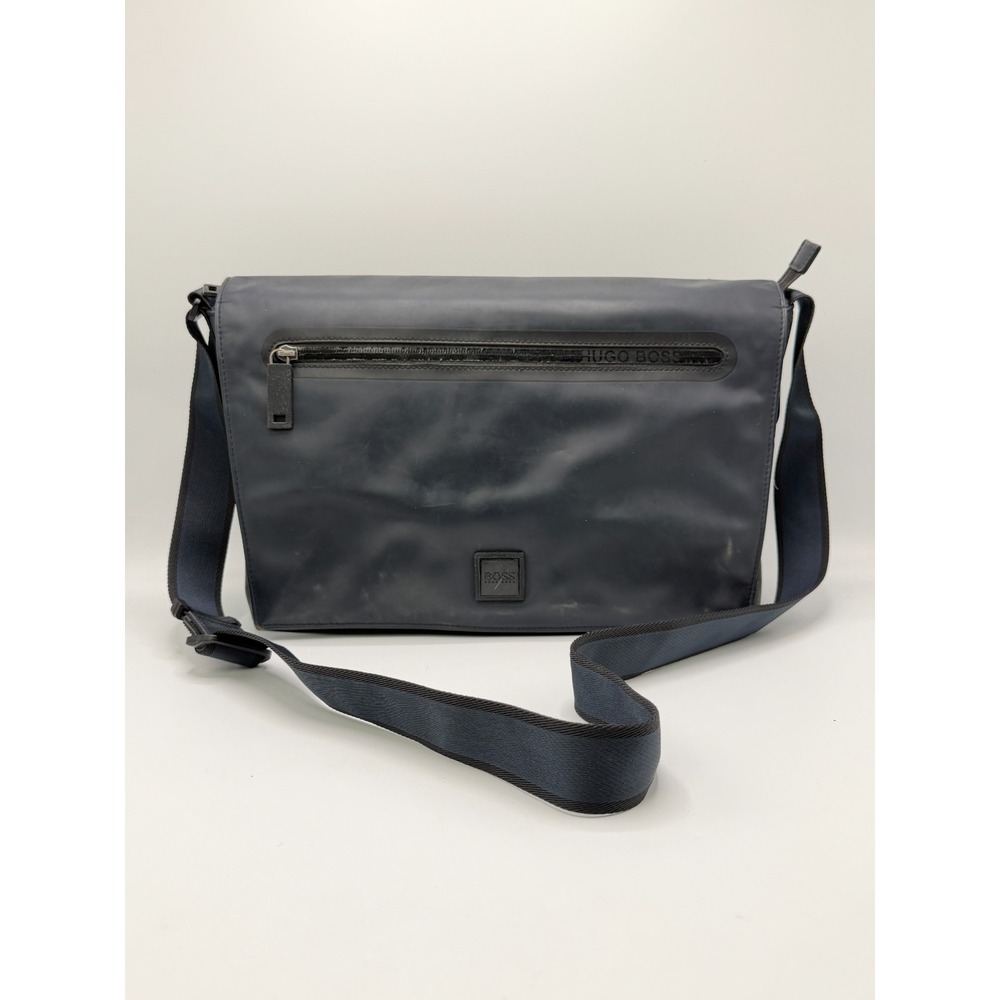 BOSS Hugo Boss Messenger Bag Navy Coated Faux Leather Crossbody AS IS